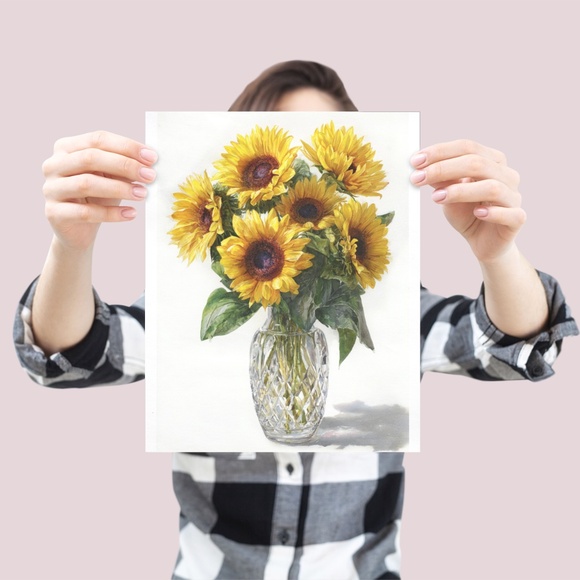 Watercolor Sunflowers in Crystal Vase Wall Art Print, Unframed - Luminous Floral - Picture 4 of 7